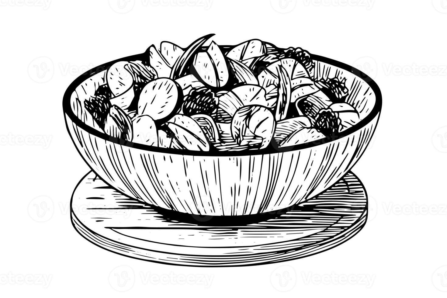 Bowl vegetables salad ink sketch hand drawn. Engraving style vector illustration. photo