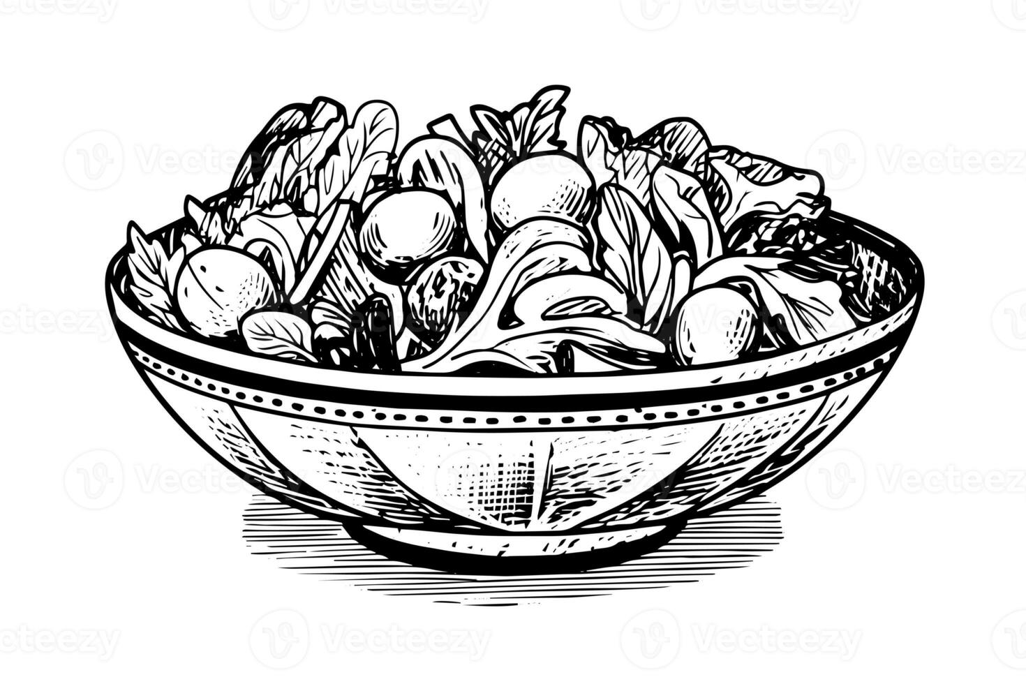 cuenco vegetales ensalada tinta bosquejo mano dibujado. grabado estilo vector ilustración. foto