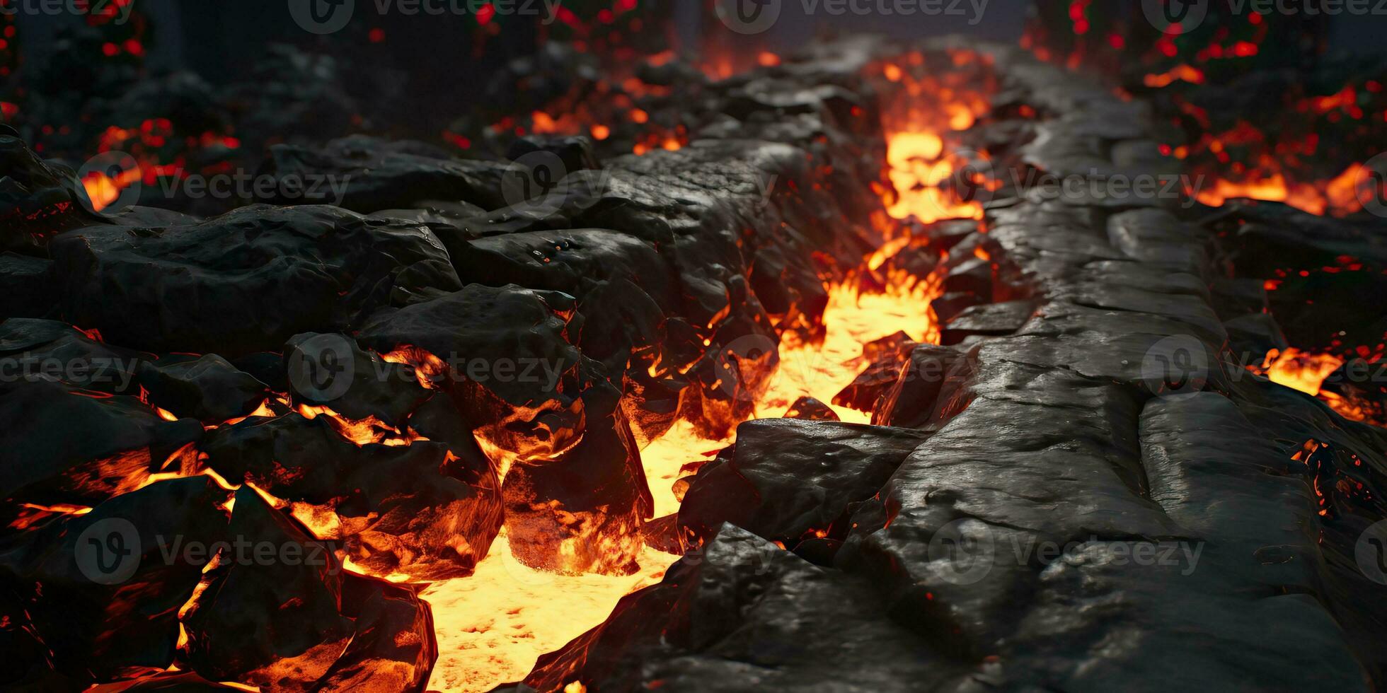 Molten lava texture background. Ground hot lava. Burning coals, crack surface. Abstract nature pattern, glow faded flame. 3D Render Illustration. photo