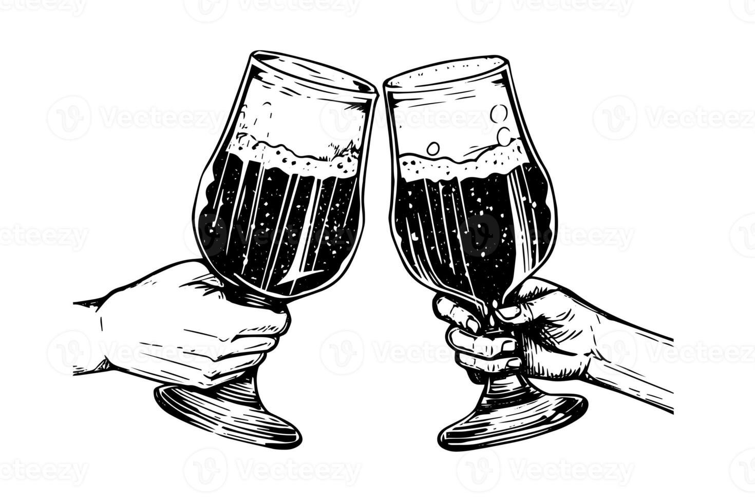 Two beer glasses cheers hand drawn ink sketch. Engraving vintage style vector illustration. photo