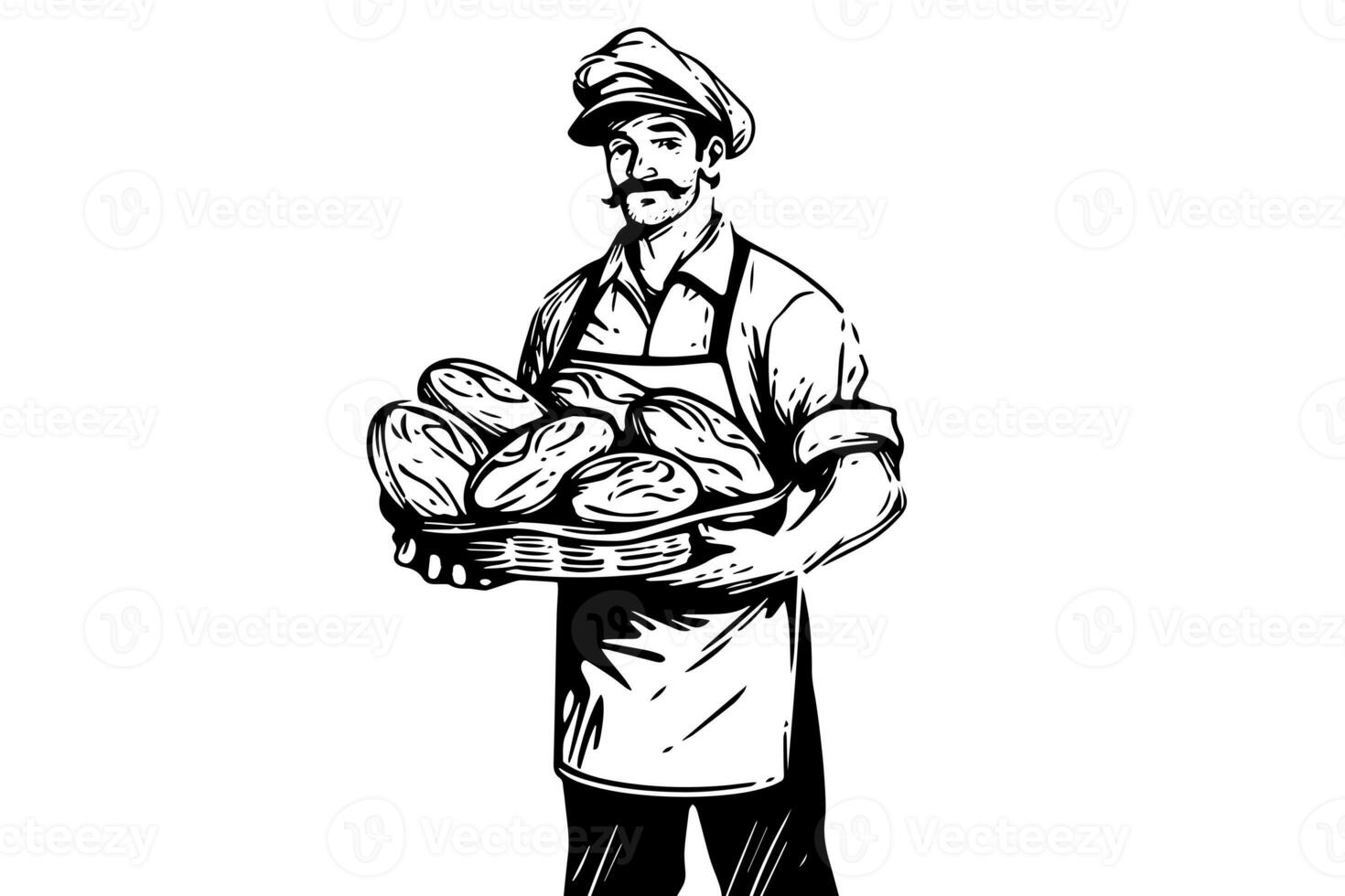 Hand drawn ink sketch of male baker with baked bread on a tray. Engraved style vector illustration. Design for logotype, advertisement. photo