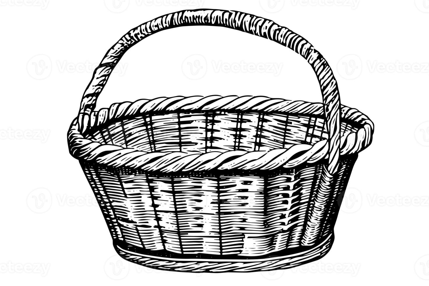 Hand drawn sketch of wicker basket. Engraved style vector illustration. Template for your design works. photo