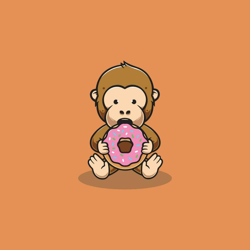 Cute monkey making donuts cartoon illustration vector