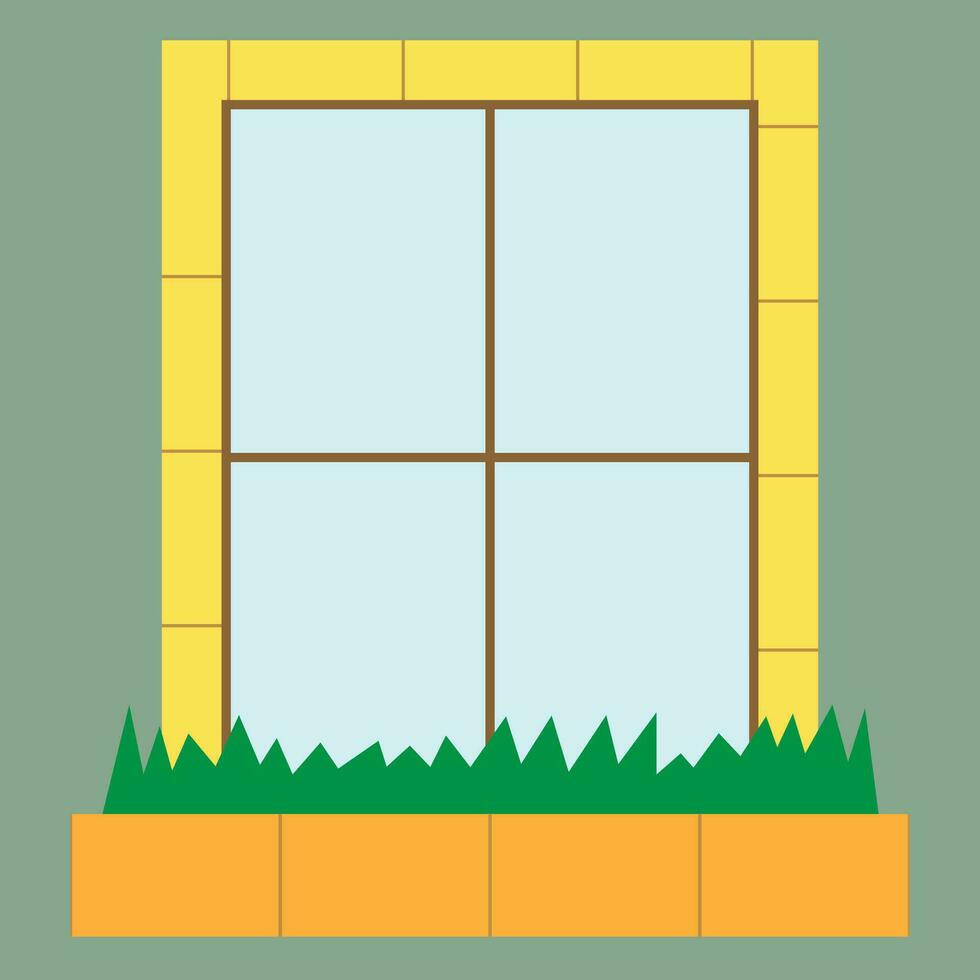 A window with a window box filled with green grass, Window frame and box made from stone, window vector illustration, can be used as a door, suitable for logos and signs and posters and social media
