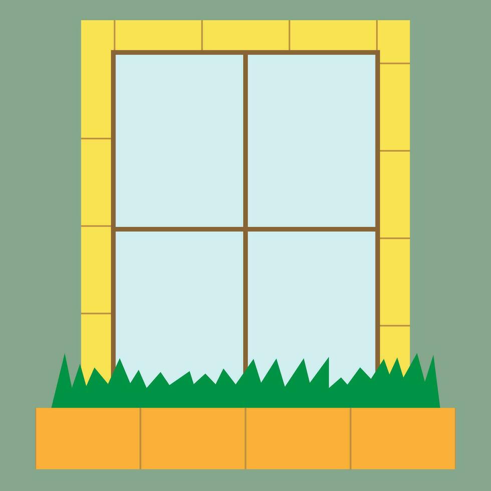 un ventana con un ventana caja lleno con verde césped, ventana marco y caja hecho desde piedra, ventana vector ilustración, lata ser usado como un puerta, adecuado para logos y señales y carteles y social medios de comunicación