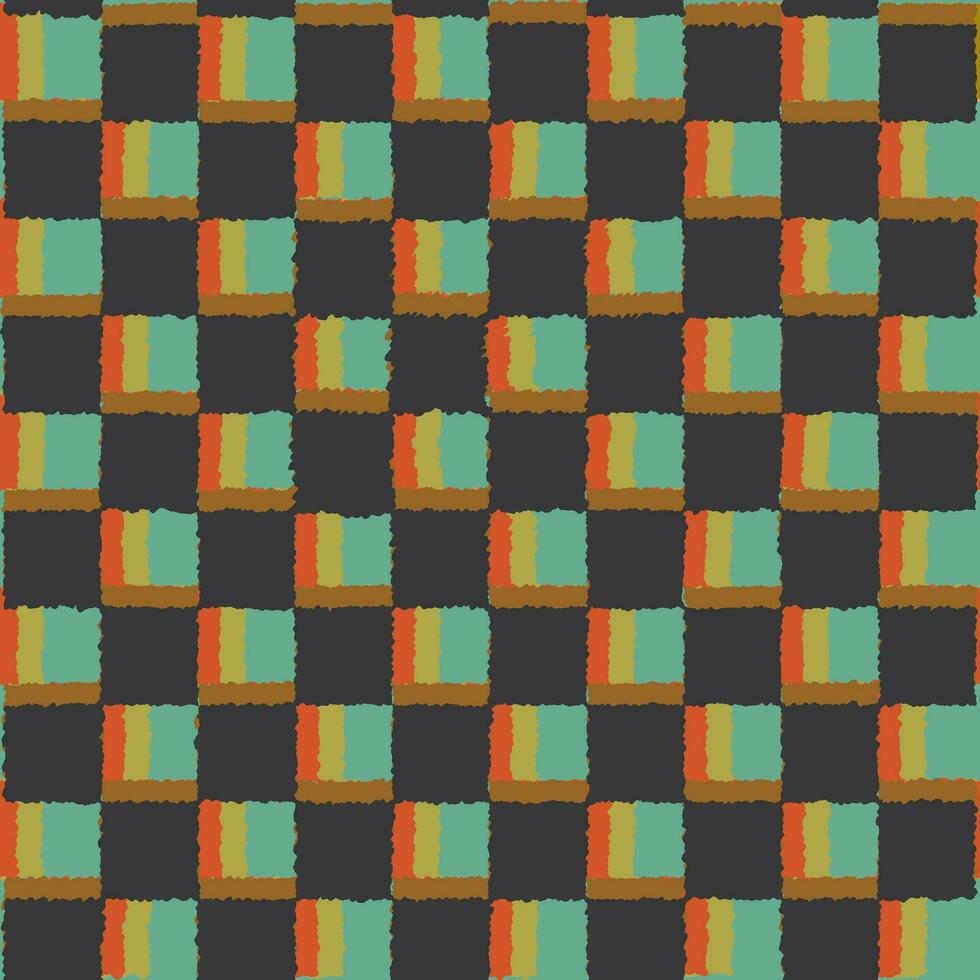 70s style colorful checkered pattern. Trembling hand drawn squares in gray, mint and red colors vector