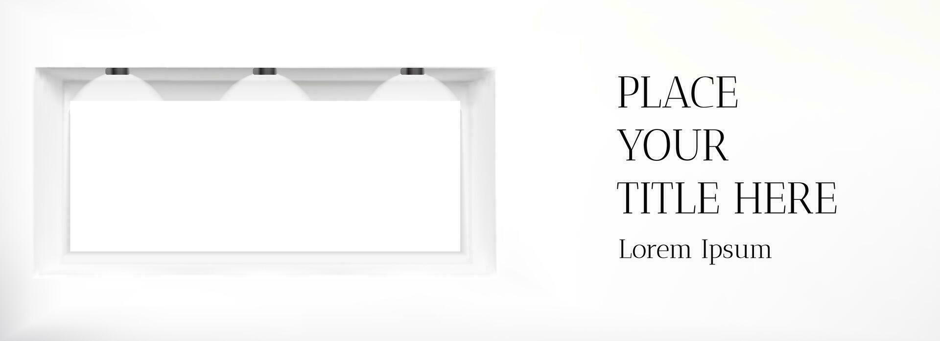 White museum niche wall shelf for place art with light. 3d gallery showcase for exhibition and show one image page. Blank shop horizontal realistic open display with led lamp with title text panorama. vector