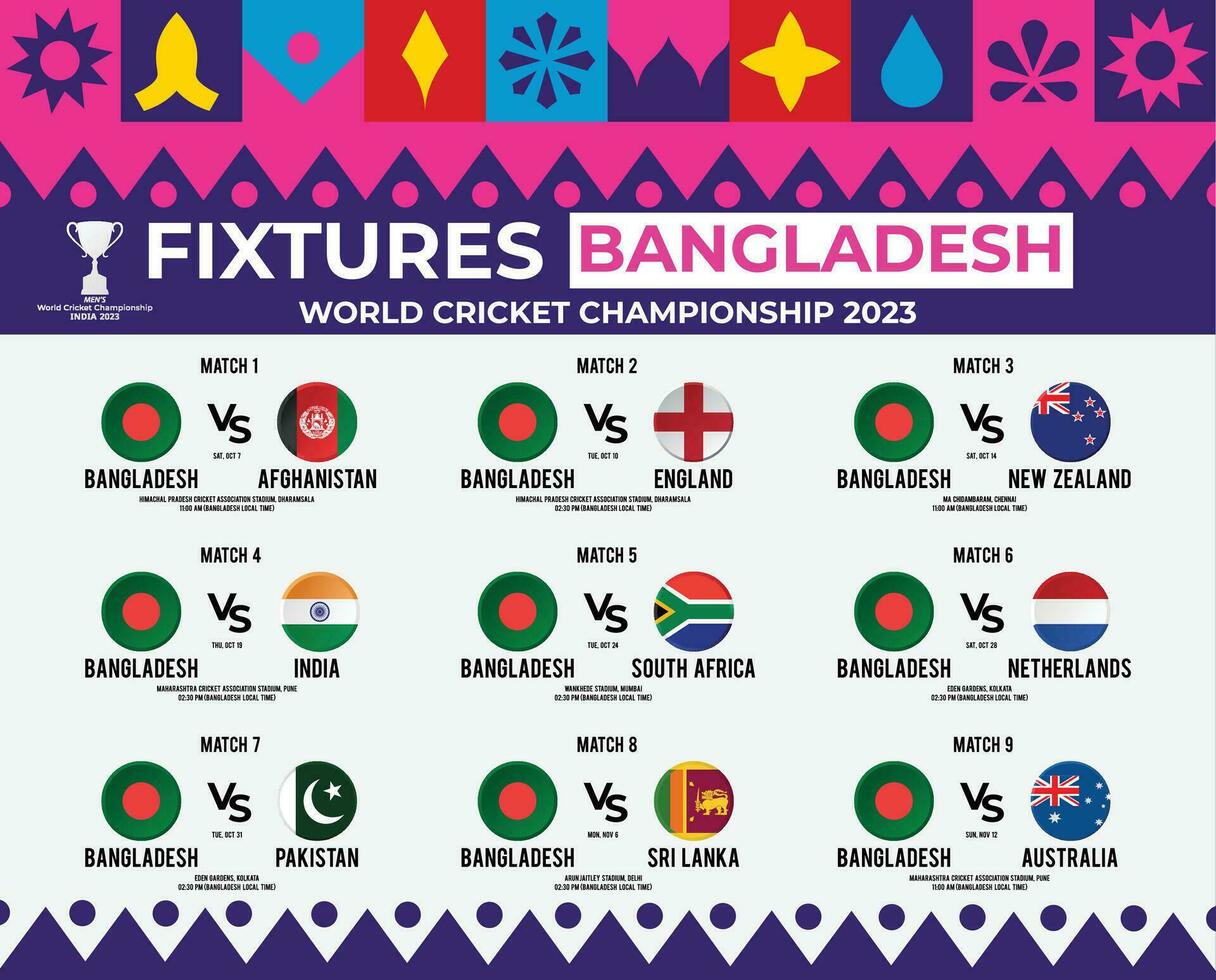 All Fixtures of Bangladesh in World Cricket Championship 2023 vector