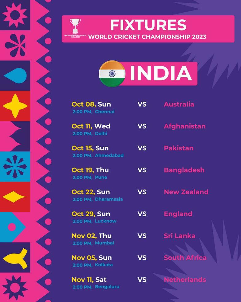 All Fixtures of India in World Cricket Championship 2023 in Vertical look vector