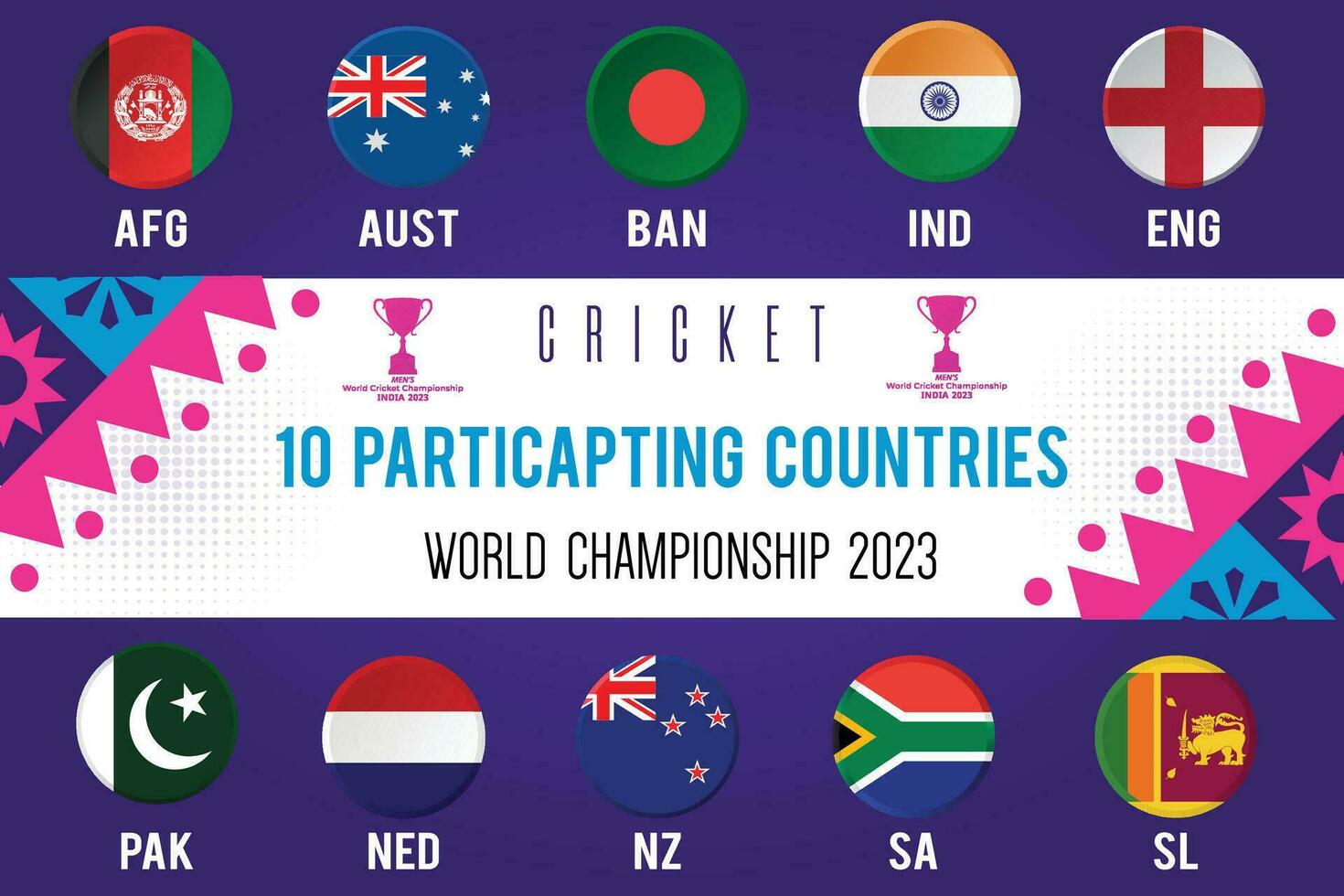 Cricket Round Disc Flags of Participating Countries of World Cricket Championship 2023 vector