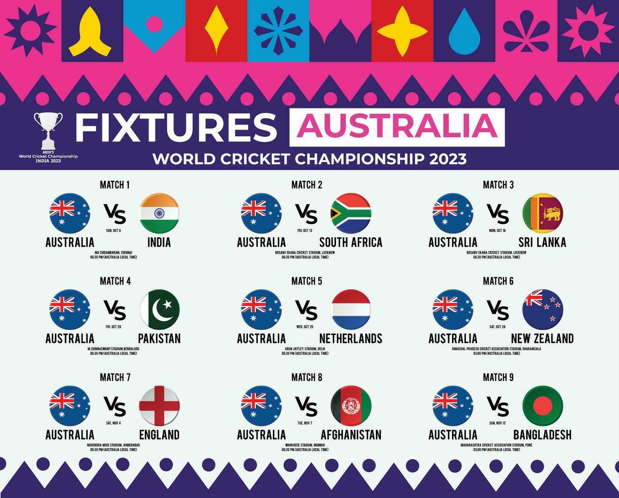 All Fixtures of Australia in World Cricket Championship 2023 vector