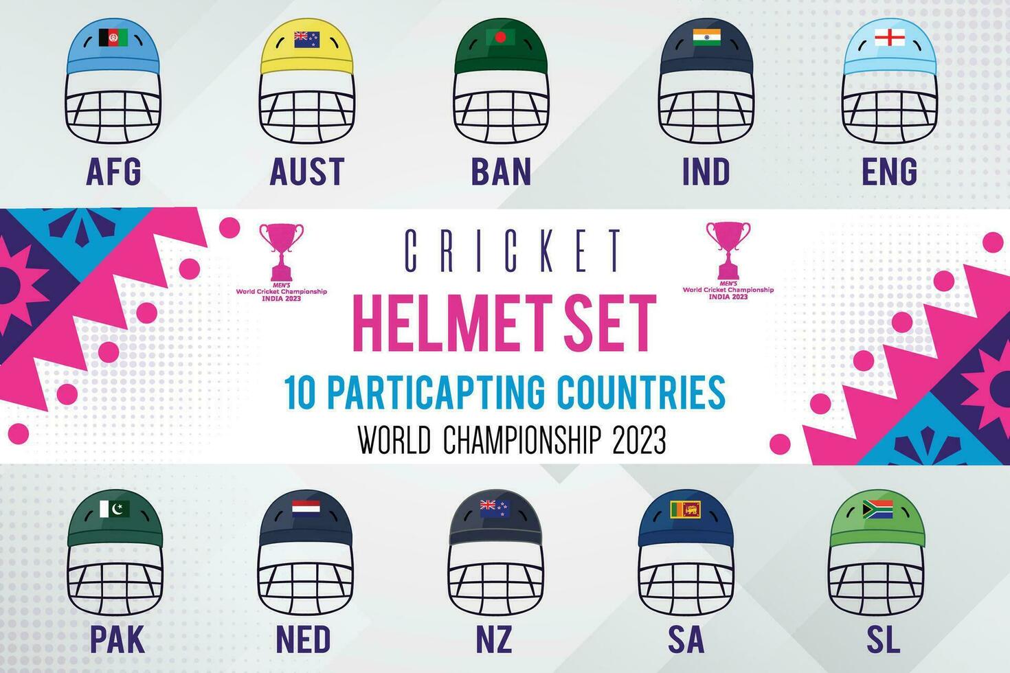 Cricket Helmet Set of World Cup Participants of CWC 2023 vector