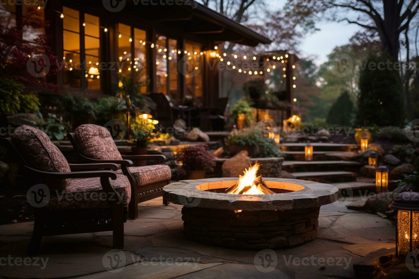 Flickering Tranquility Generative AI's Vision of Backyard Fire Pit Background photo