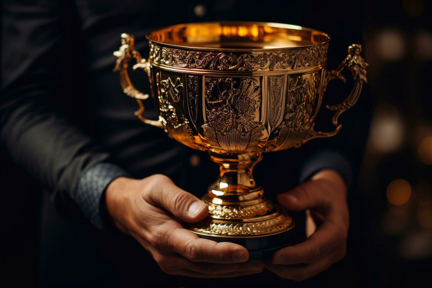Golden Aspirations Hand Holding Cup of Success Trophy Shaped by Generative AI photo