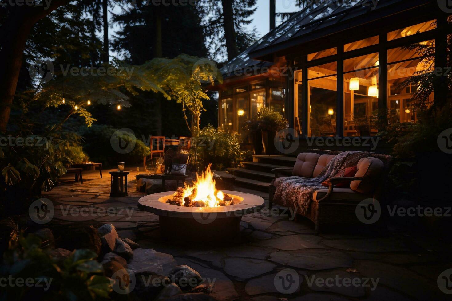 Glowing Escape Backyard Fire Pit Background Brought to Life by Generative AI photo