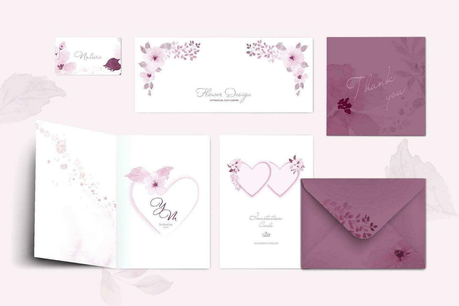 Set of pastel pink card template with floral and leaves watercolor vector