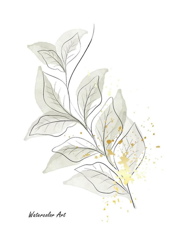 acuarela Arte con verde hojas ramas decorado con oro chapoteo vector