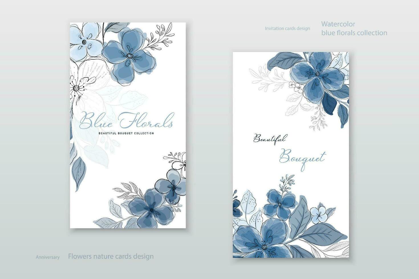 Beautiful blue watercolor flowers cards collection vector