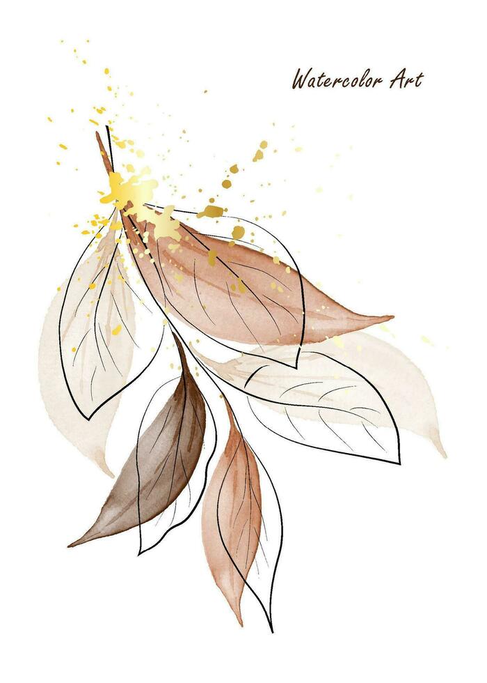 Brown leaves branches watercolor art decorated with gold splashes vector