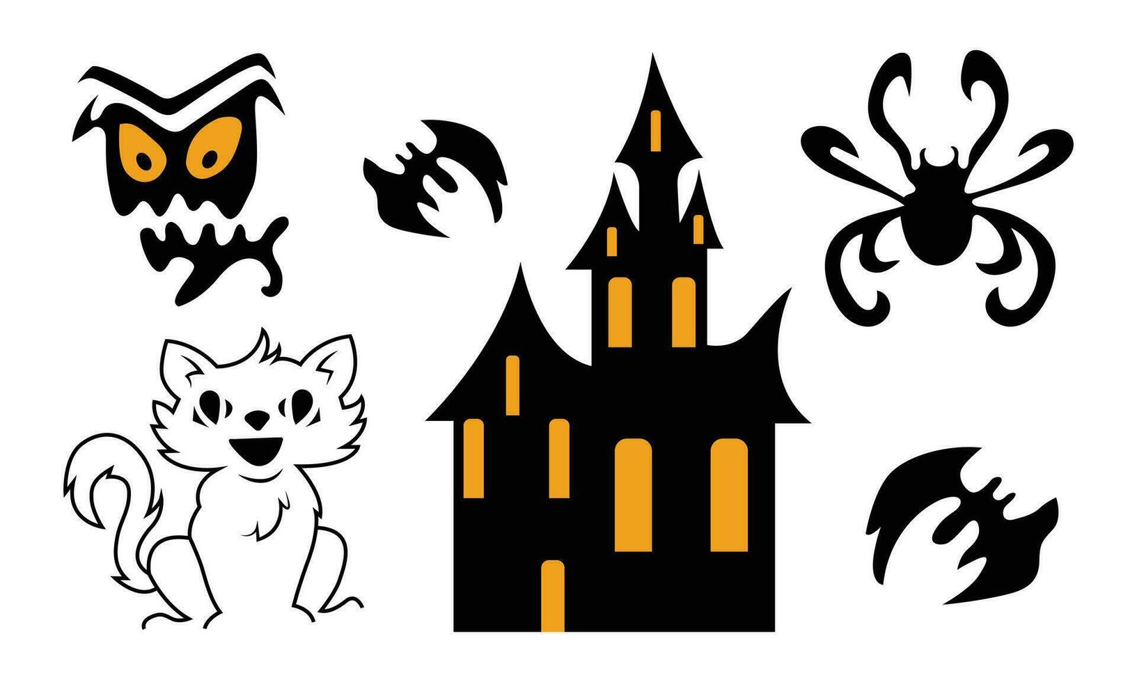 Set of Ghosts, orange Pumpkins, animal skulls. Halloween concept. Cute cartoon spooky characters. Holiday Silhouettes. Hand drawn trendy Vector illustration. All elements are isolated