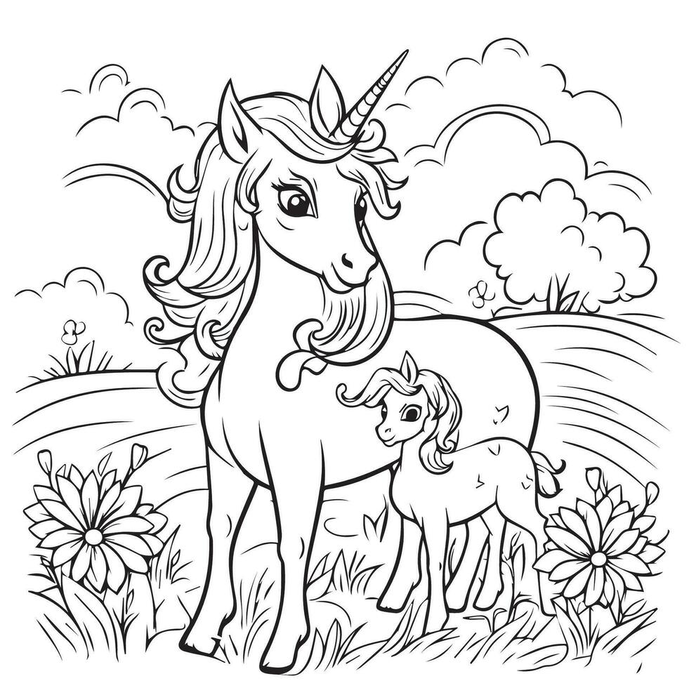 Unicorn coloring page for kids vector