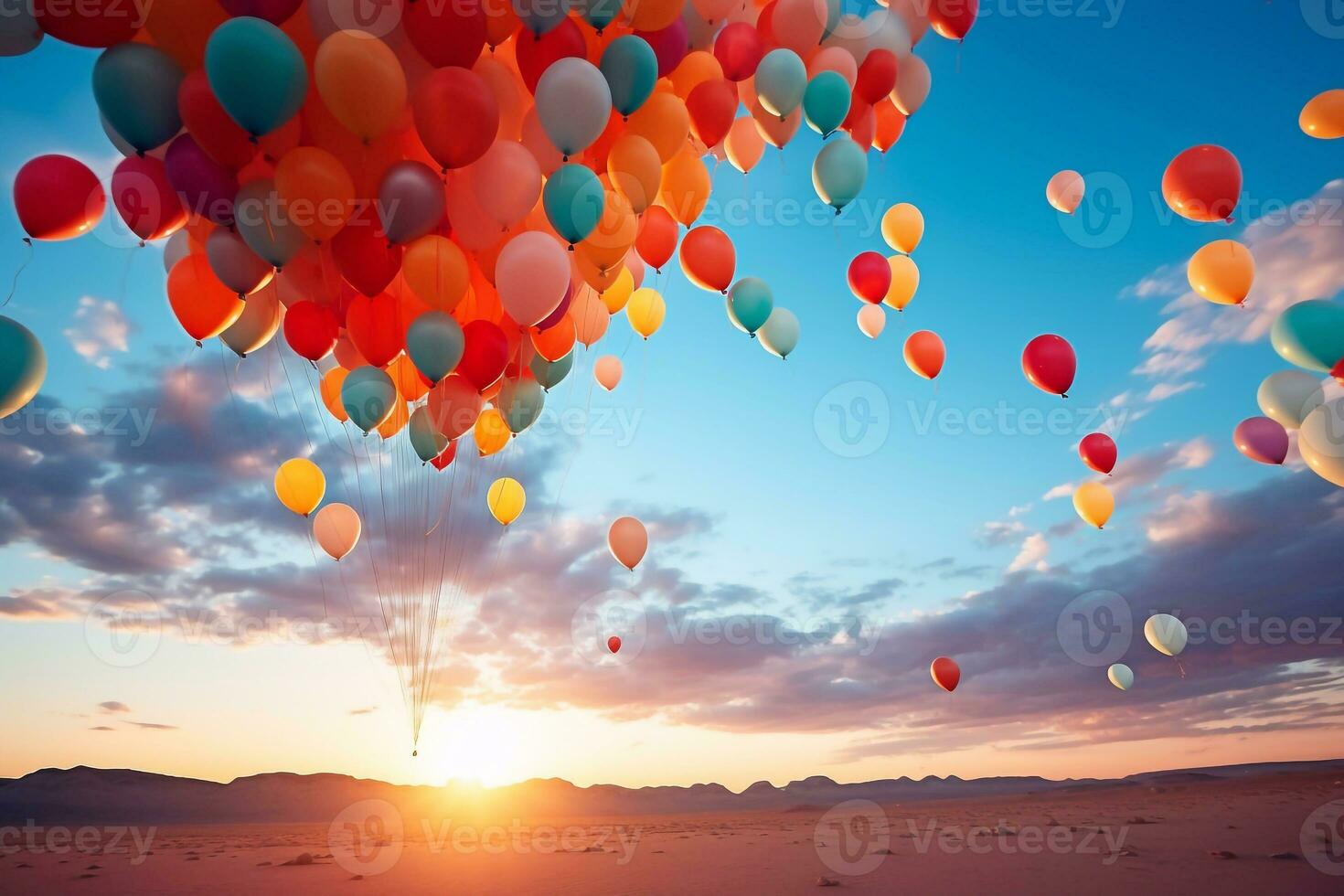 Aerial Symphony Balloons Soar at Sunset Crafted by Generative AI's Artistry photo