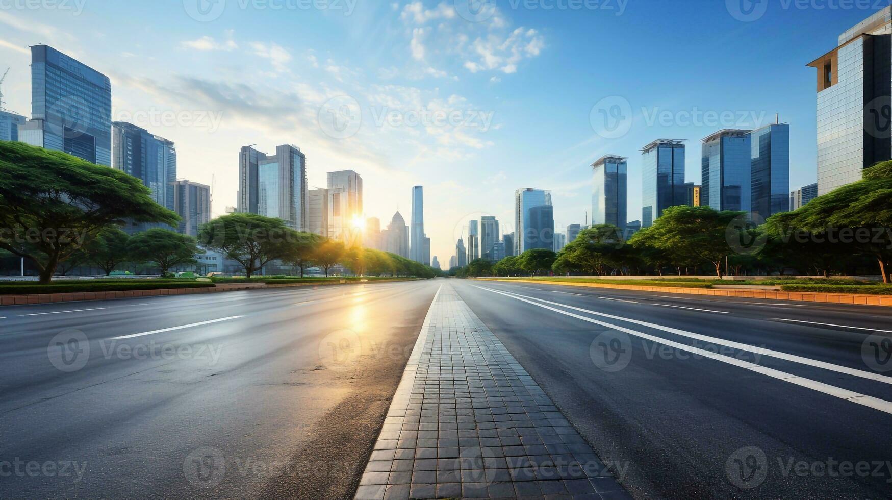 Urban Horizon Asphalt Road Amid Modern City's Skyscrapers Envisioned by Generative AI photo