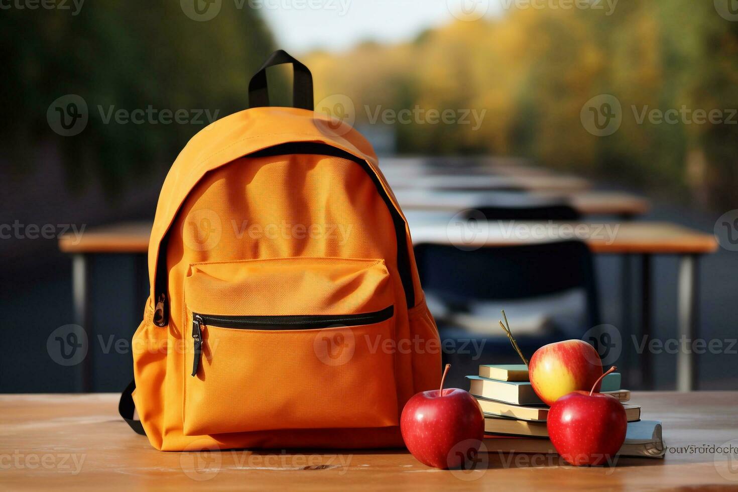 Fruitful Studies Fresh Apples and Books in Backpack Grace Classroom Desk Enhanced by Generative AI photo