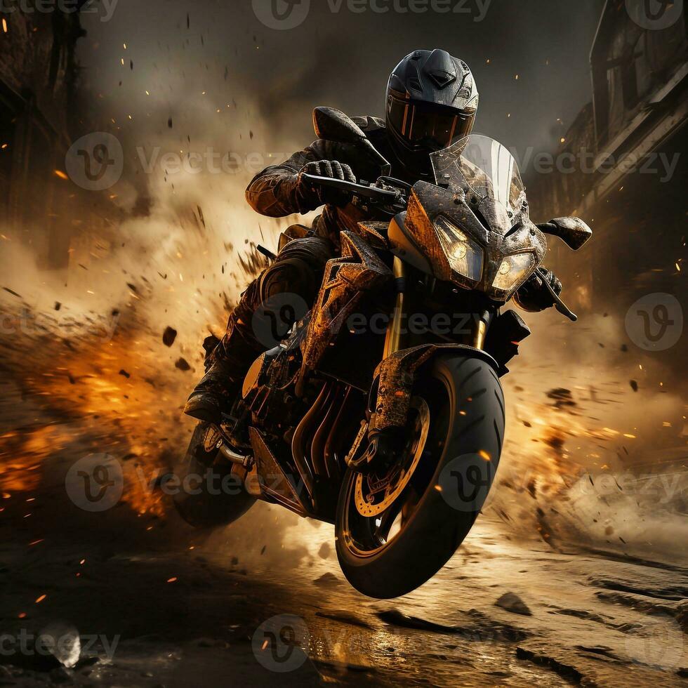 Rider's Euphoria High Speed Bike Venture on Road Transformed by Generative AI photo