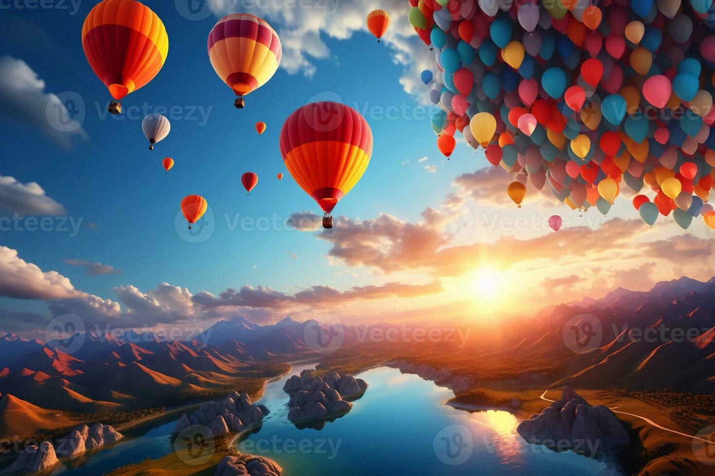 Sky bound Euphoria Balloons Rise with Sunset's Glow Enhanced by Generative AI photo