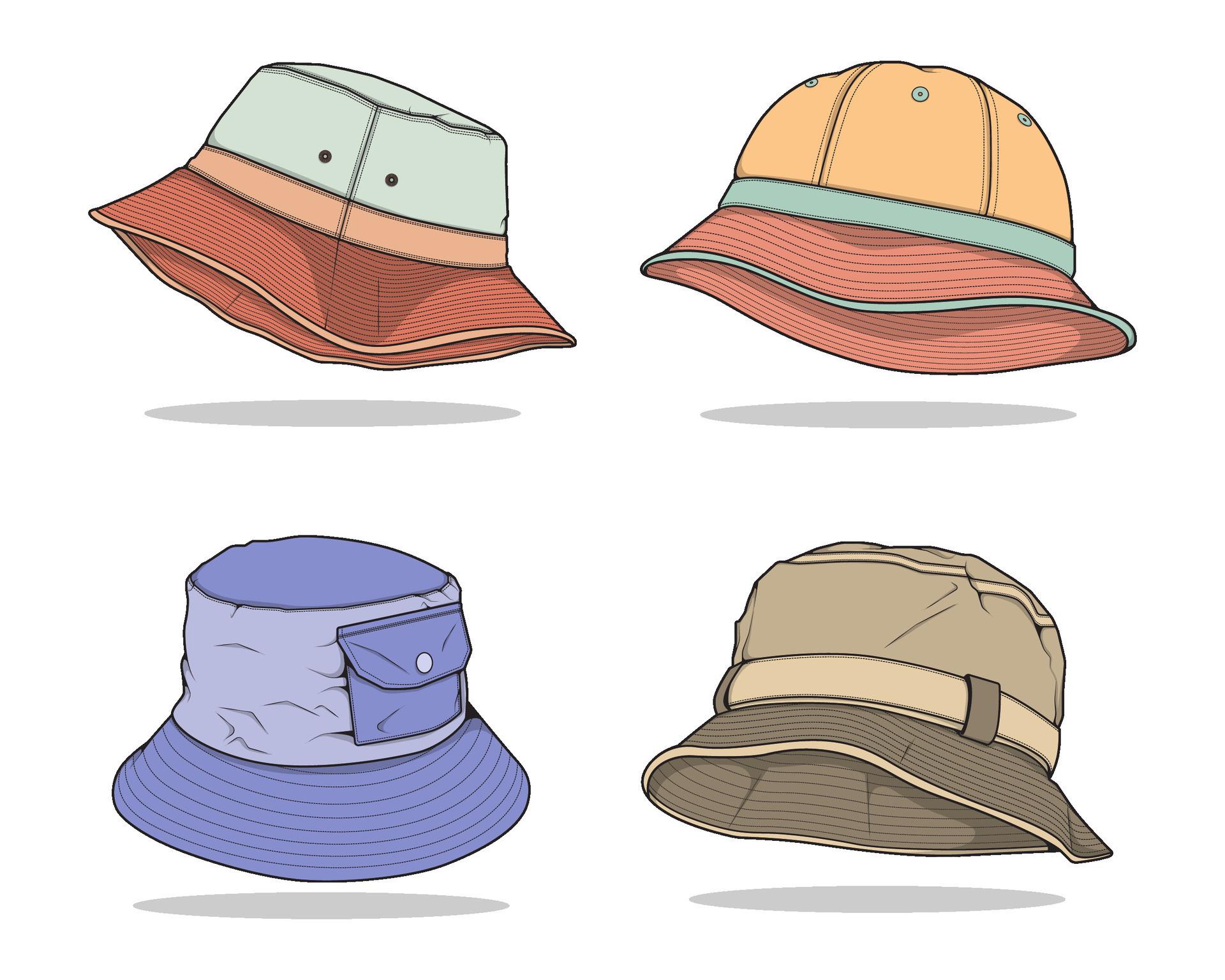 set of color full bucket hat drawing vector, color full bucket hat in a ...