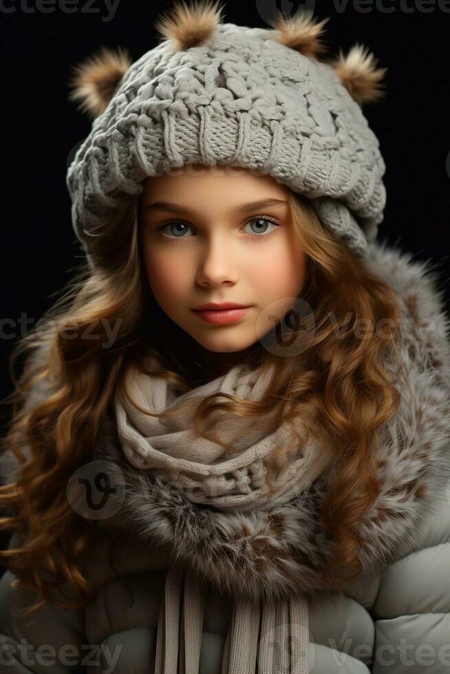 Chic and Cozy Image of a Girl with White Golden Hair Blue Eye in Winter Clothes and Cap Generative Ai photo