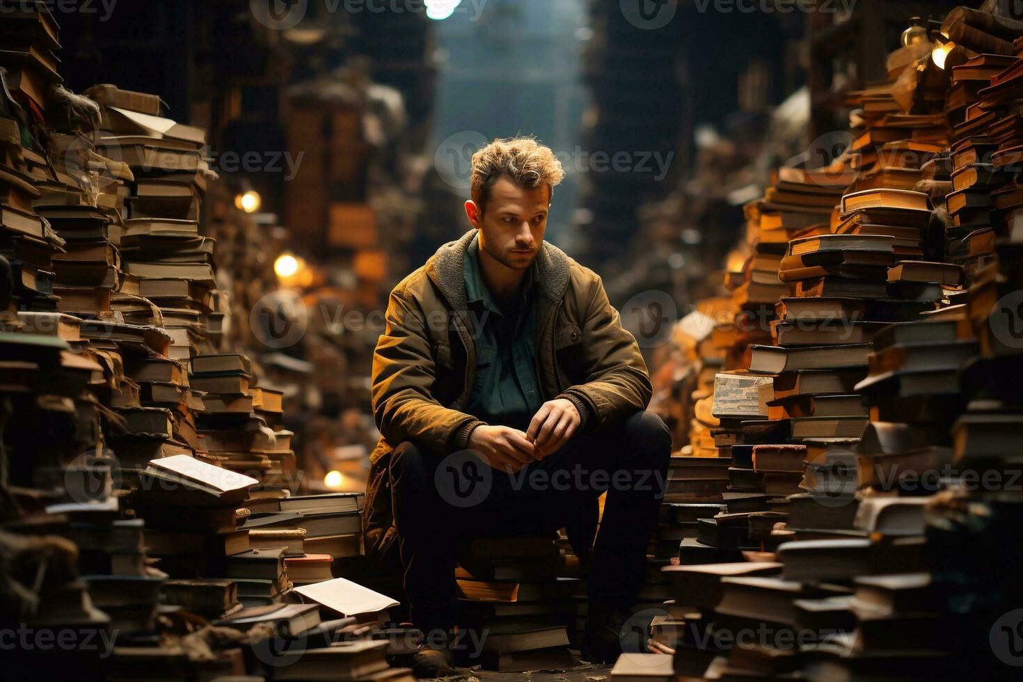 Literary Escape Captivating Image of Man Lost in Book within Library, Generative Ai photo