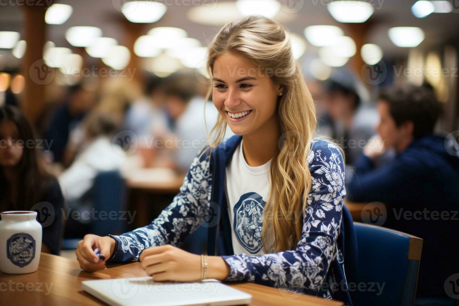 Academic Camaraderie Female Student Using Laptop on School or College Campus Generative Ai photo