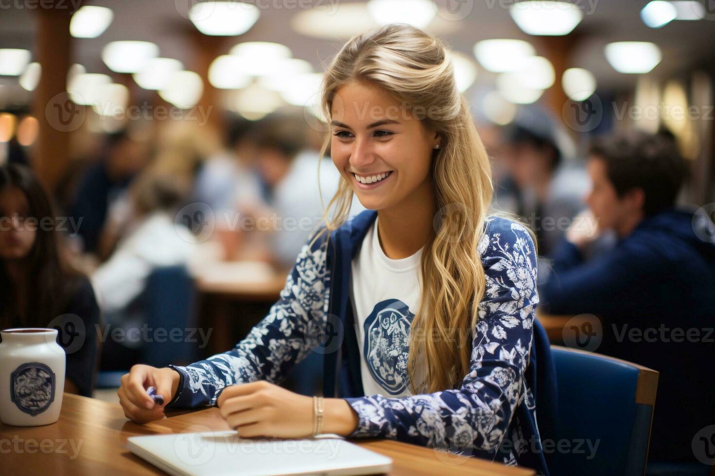 académico camaradería hembra estudiante utilizando ordenador portátil en colegio o Universidad instalaciones generativo ai foto