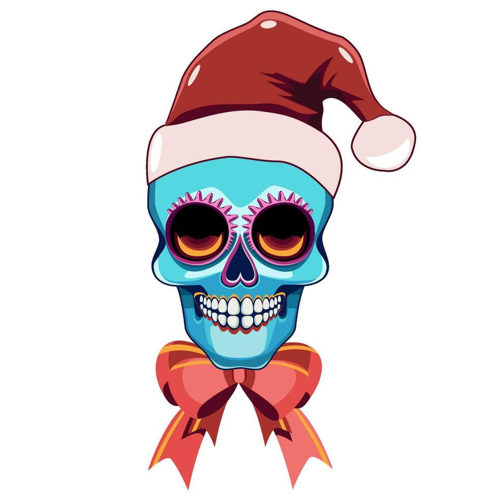 A skull in a Christmas hat and a bow vector