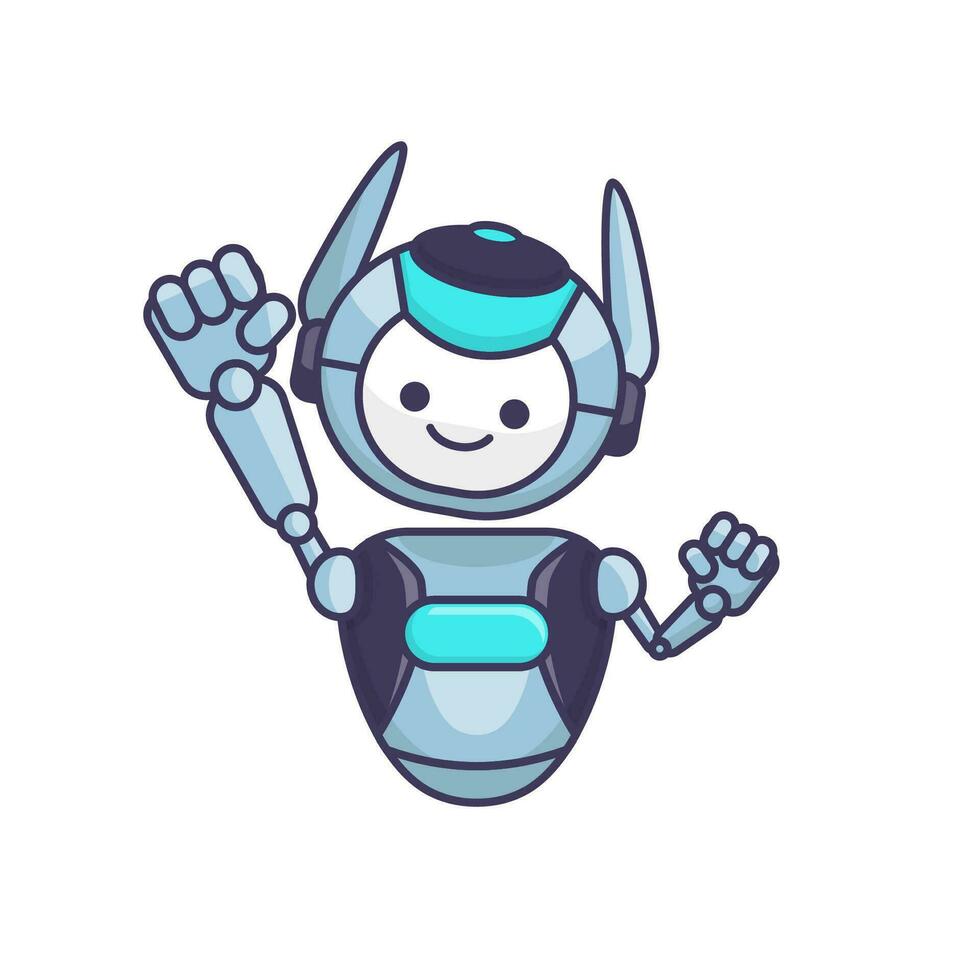 Robot character pose illustration. Happy robot jumping and cheering design vector