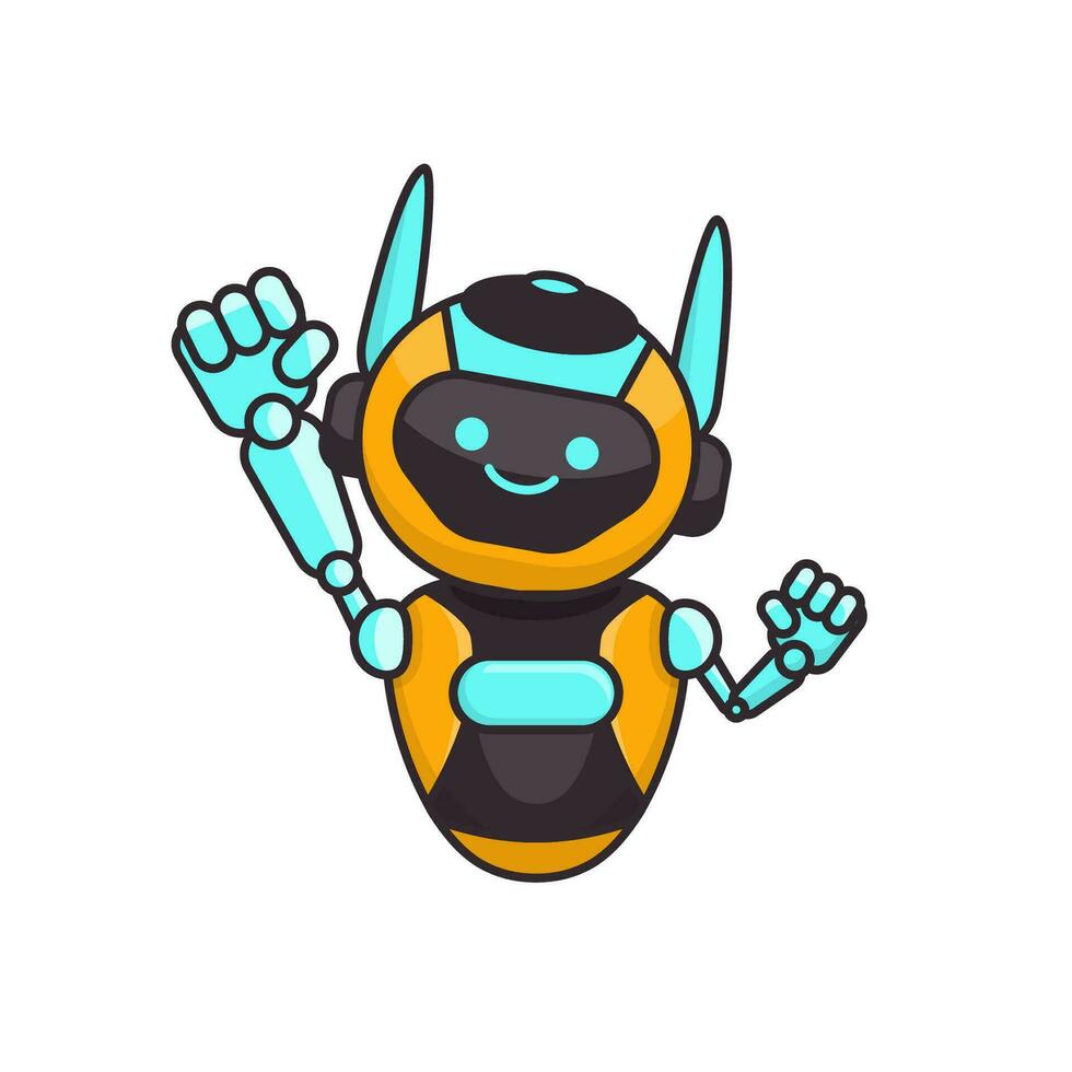 Robot character pose illustration. Happy robot jumping and cheering design vector