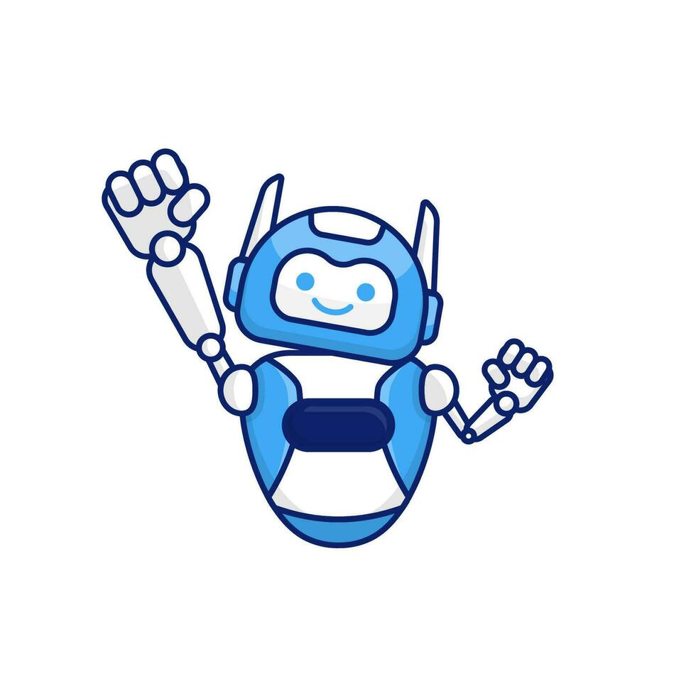 Robot character pose illustration. Happy robot jumping and cheering design vector