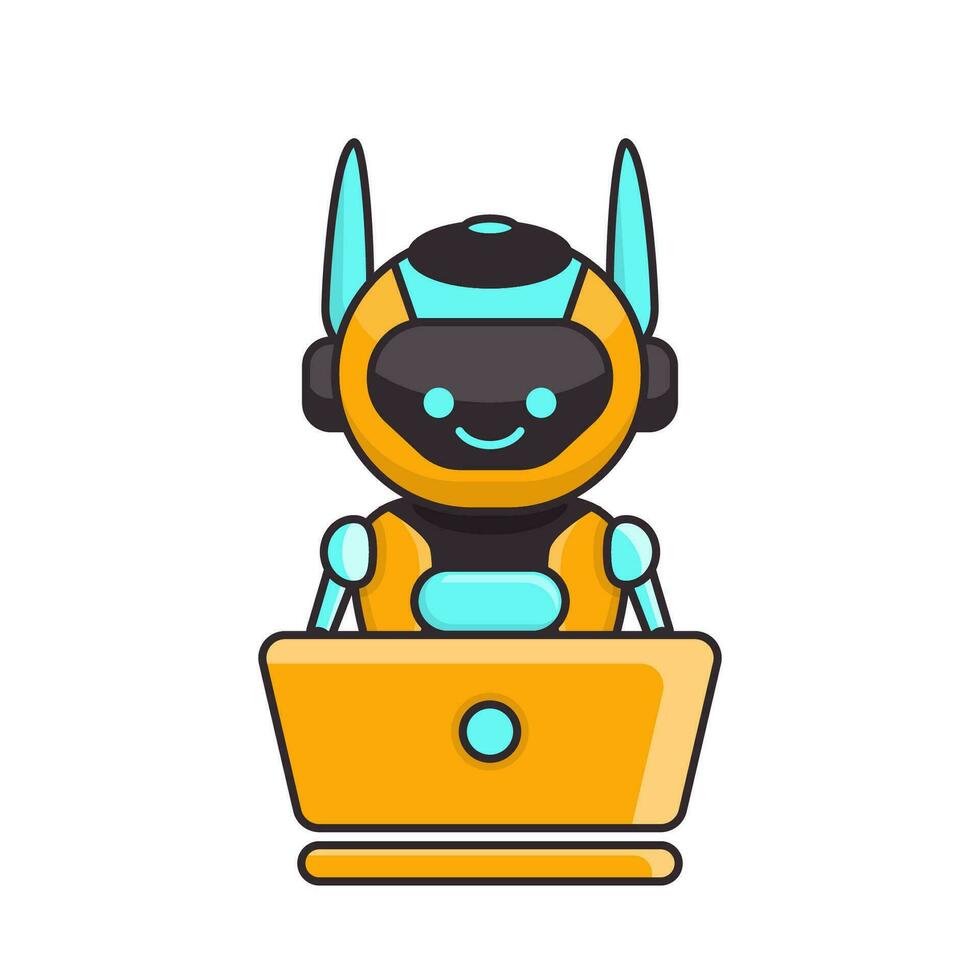 Robot character work with laptop vector illustration. Cute Cartoon Robot Illustration