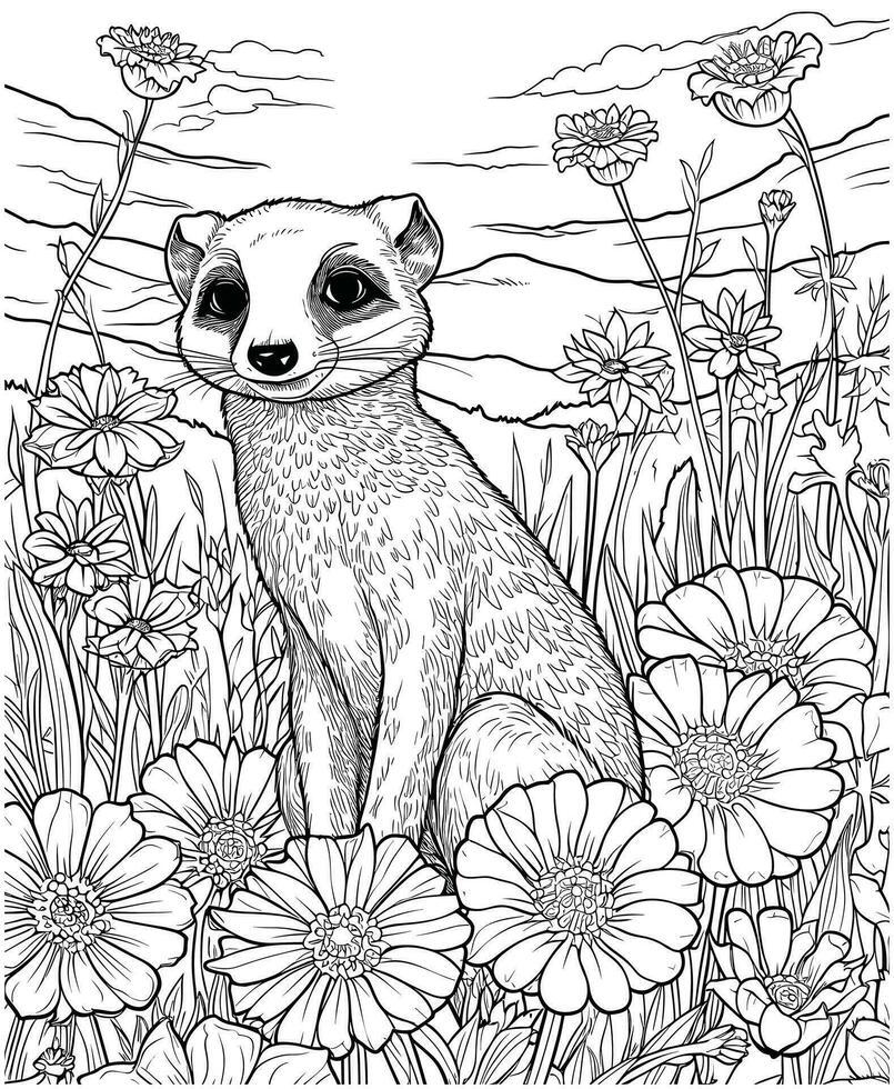 Meerkat flower mountain coloring page vector