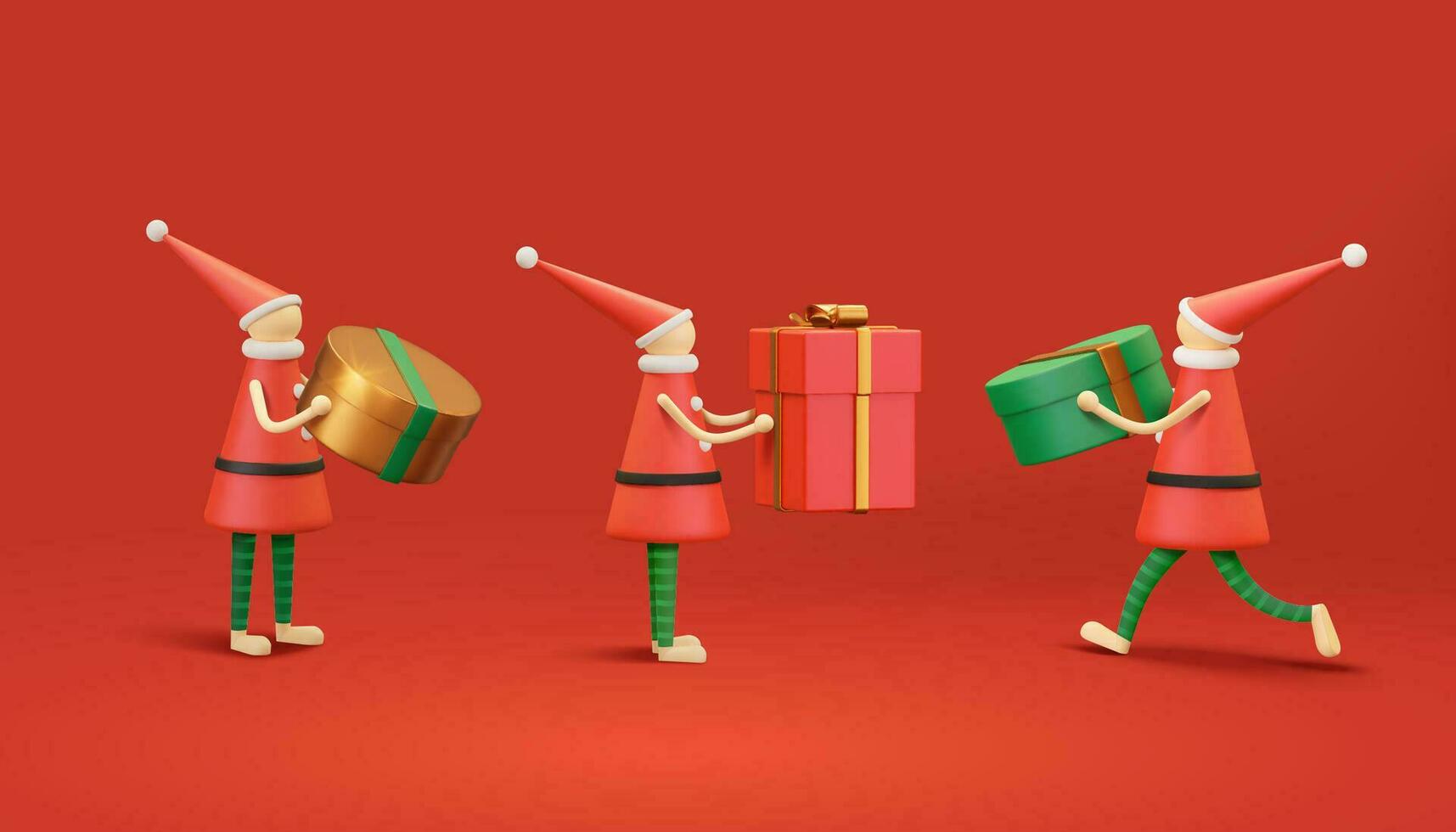 3d Xmas character design. Faceless Christmas elves with cute hats and leggings holding huge gift boxes. vector