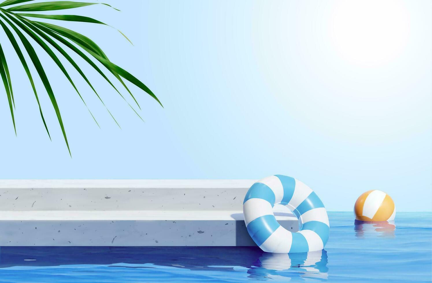 3d scene design for summer product display. Concrete stair podium with swimming ring and beach ball beside water. Concept of island beach or swimming pool. vector