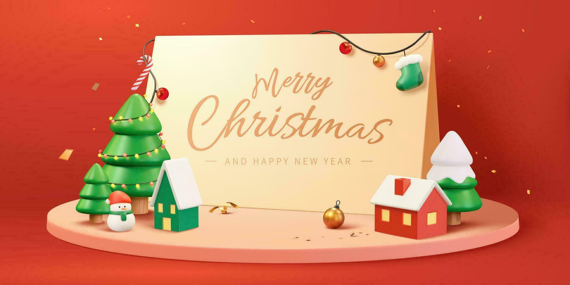 3d Christmas holiday banner with Merry Christmas card, Christmas tree, snowman and little village on round stage. vector