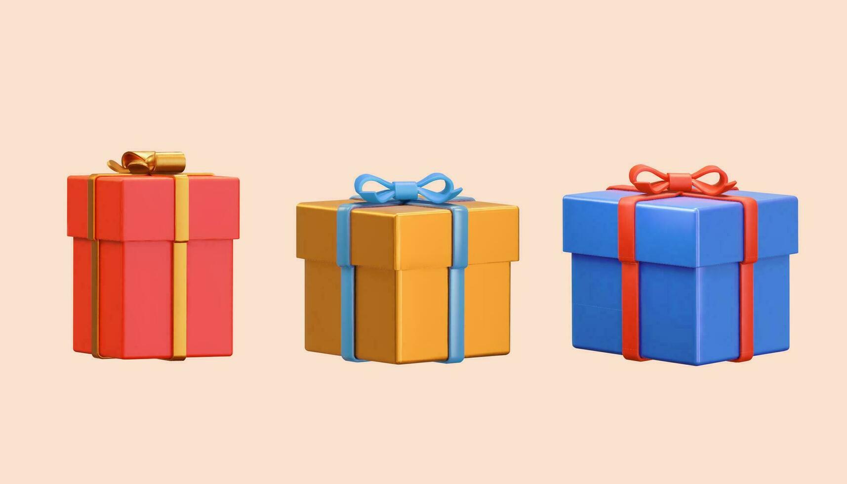 3d illustration of three gift boxes wrapped with ribbon bow. Holiday element isolated on light orange background. vector