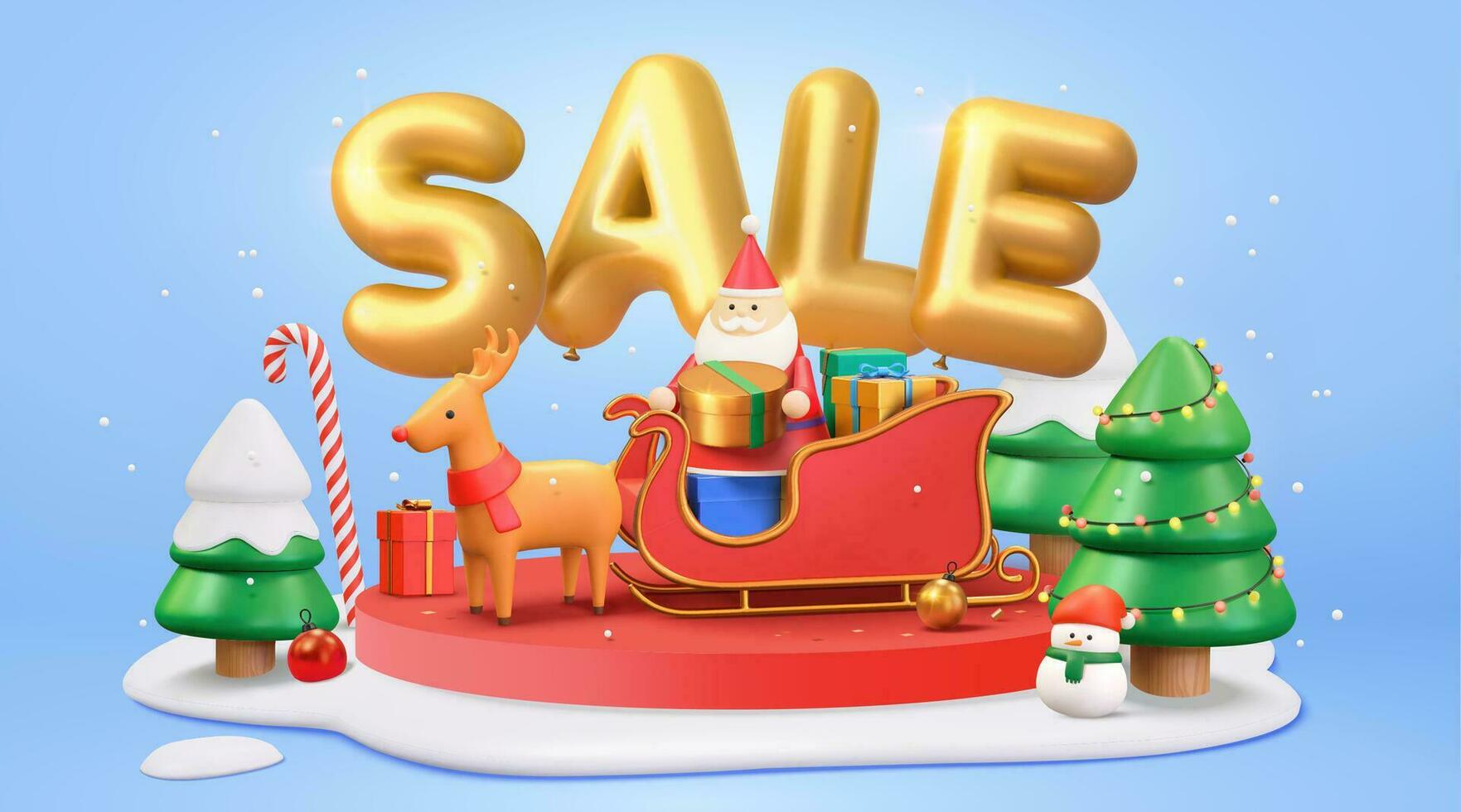 3d Christmas sale banner with Santa Claus sitting on a reindeer sleigh ride and holding gift box. Cute Xmas podium decorated with snow and Christmas trees. vector