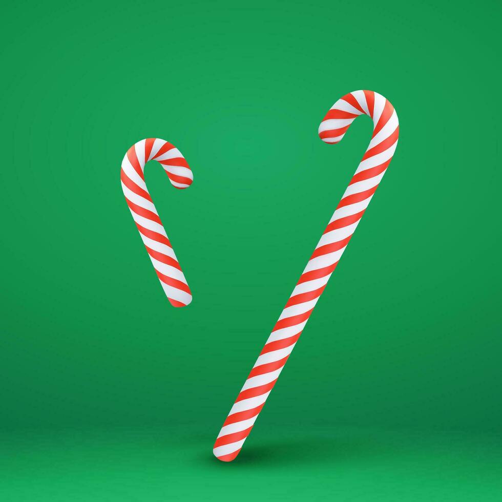 3d Christmas candy canes. Xmas classic dessert element isolated on green background. vector