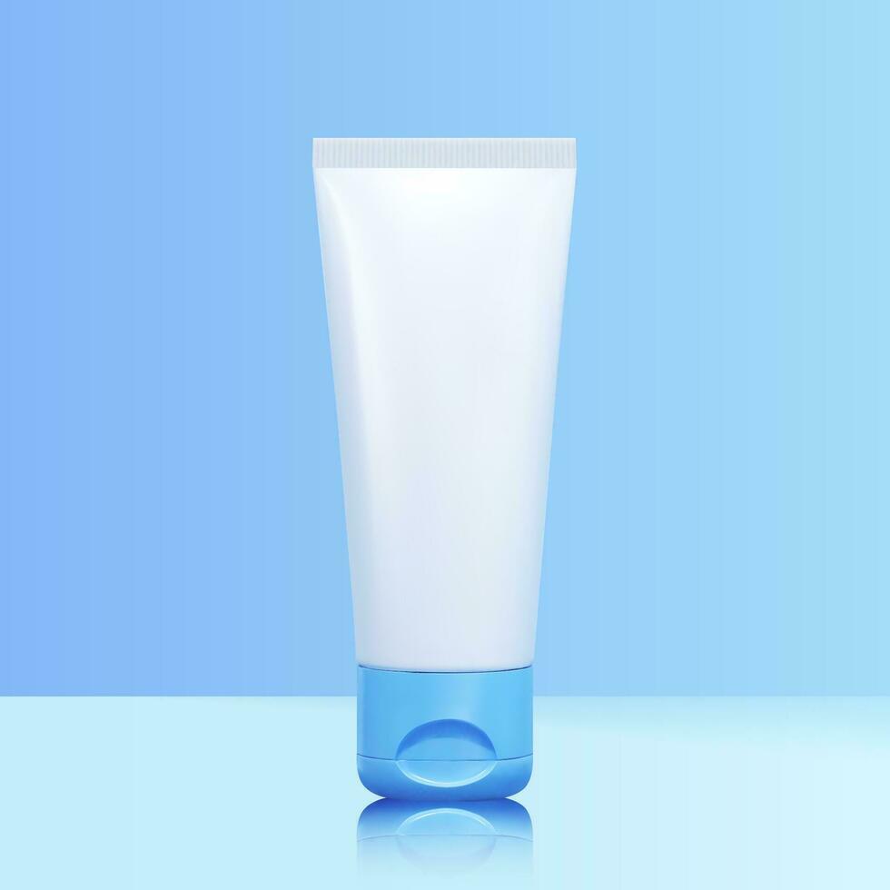 Front view of 3d blank plastic tube mock up for cosmetic product, isolated on blue background. vector