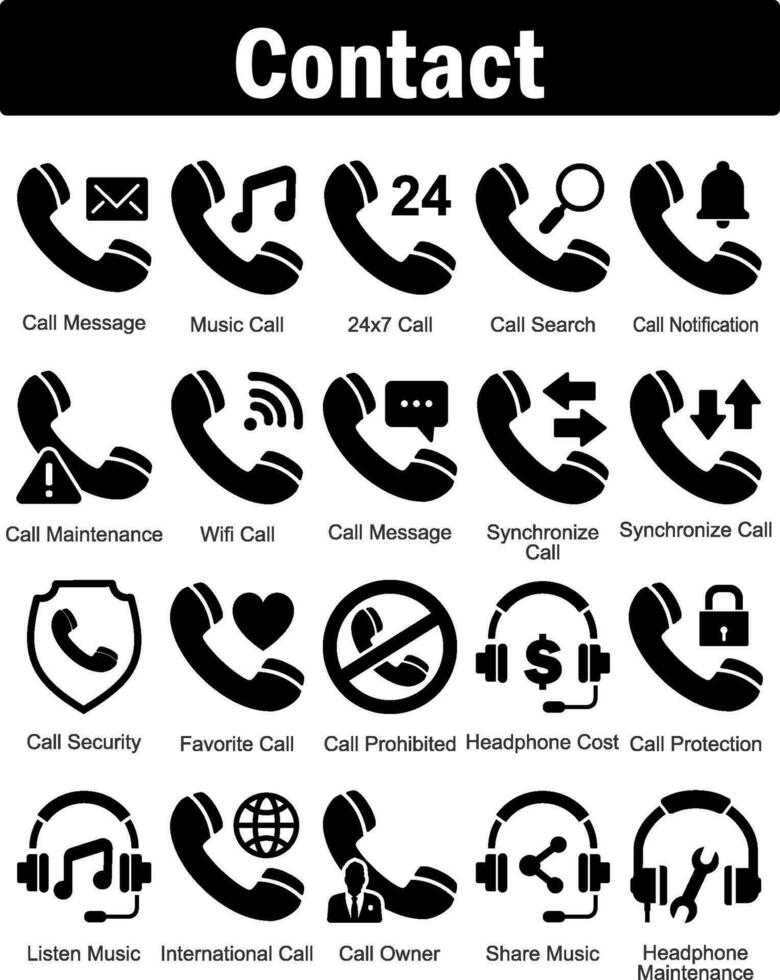 A set of 20 contact icons as call message, music call, 27x7 call vector