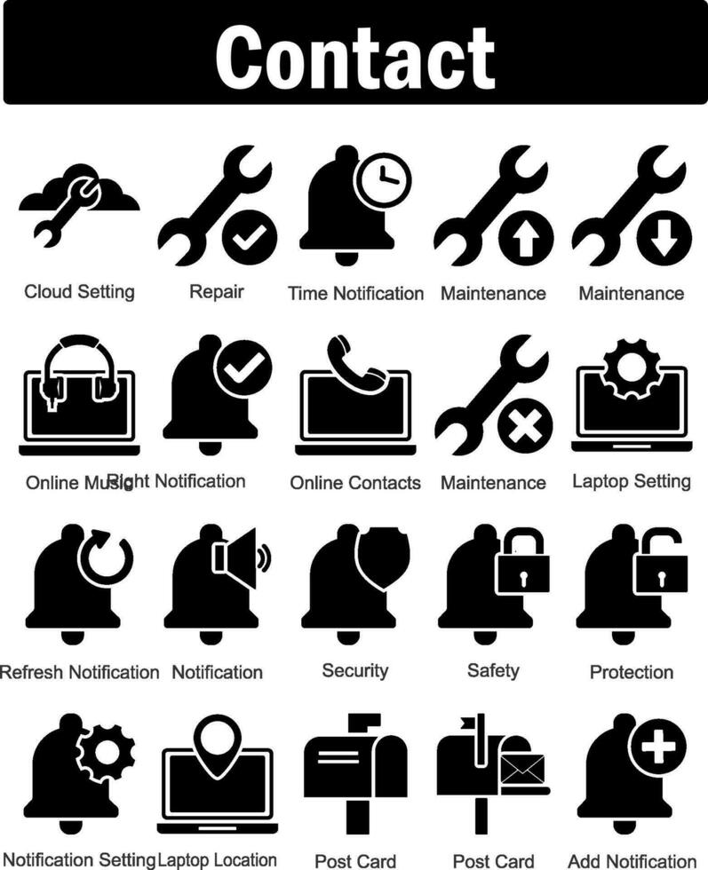 A set of 20 contact icons as cloud setting, repair, time notification vector